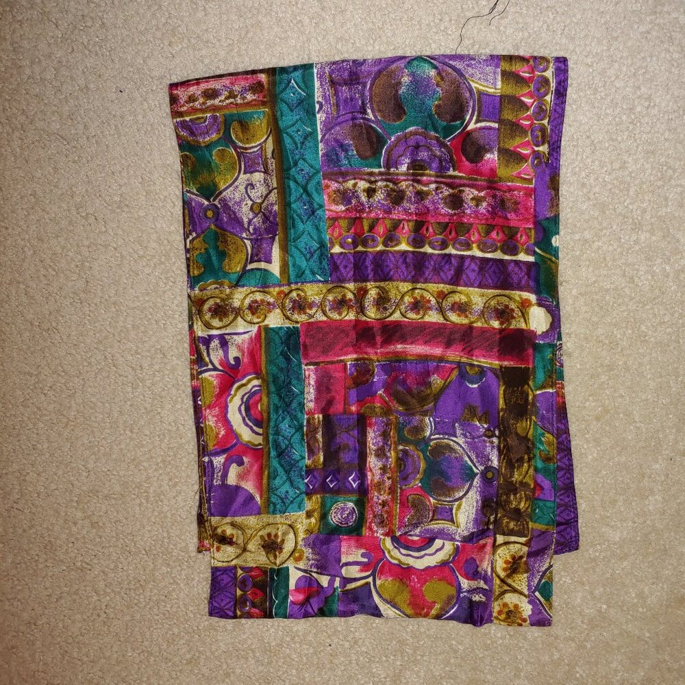 New York Studio 100% Silk Abstract Print Long Scarf OS Purple